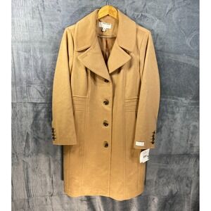 Anne Klein Coat Womens 14 Beige Wool Cashmere Blend Long Single Breasted Pleated